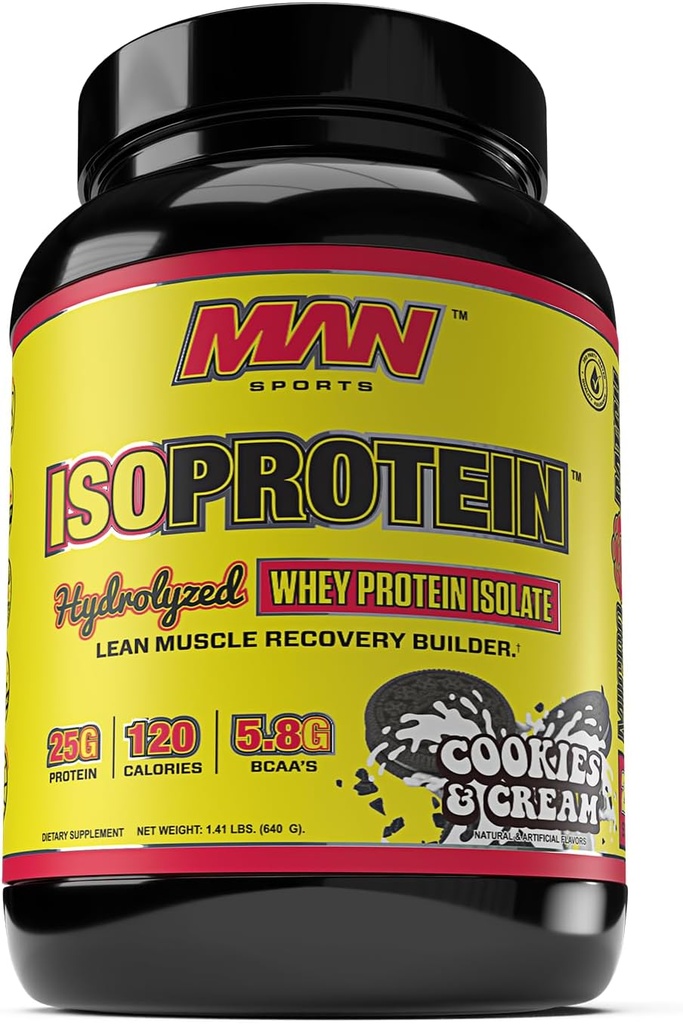MAN Sports New Flavor ISO-Protein Hydrolyzed 100% Pure Wheey Protein Isolát prášok, Cookies and Cream, 1,42 libra (20 dní dodávky)