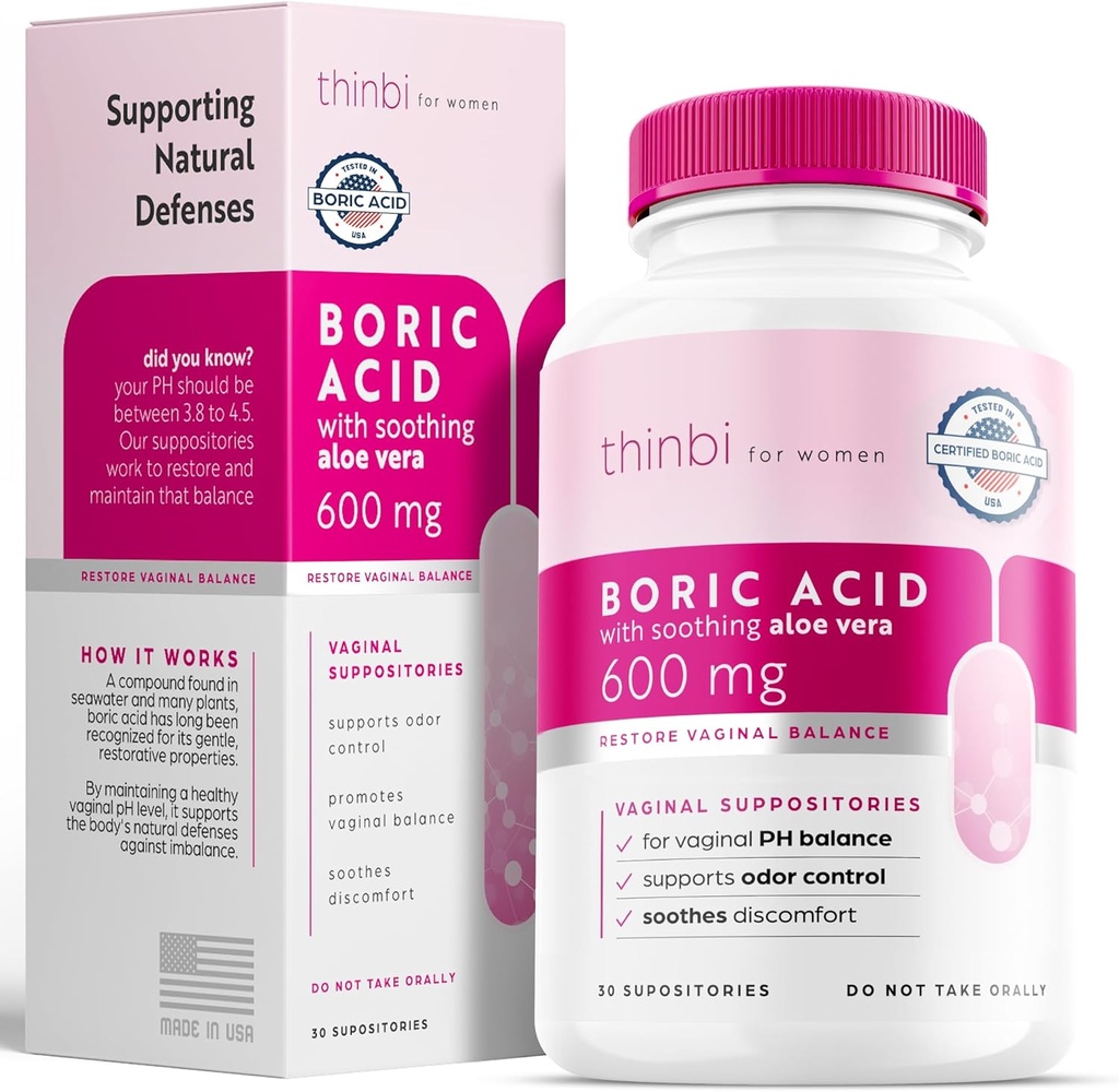 Thinbi Boric Acid Suppitory for Women w/Aloe Vera - BV Liečba & PH Balance for vaginóza Liečba - na podporu intimate Health w/Clinicaly Studied Boric Acid 30 Počet