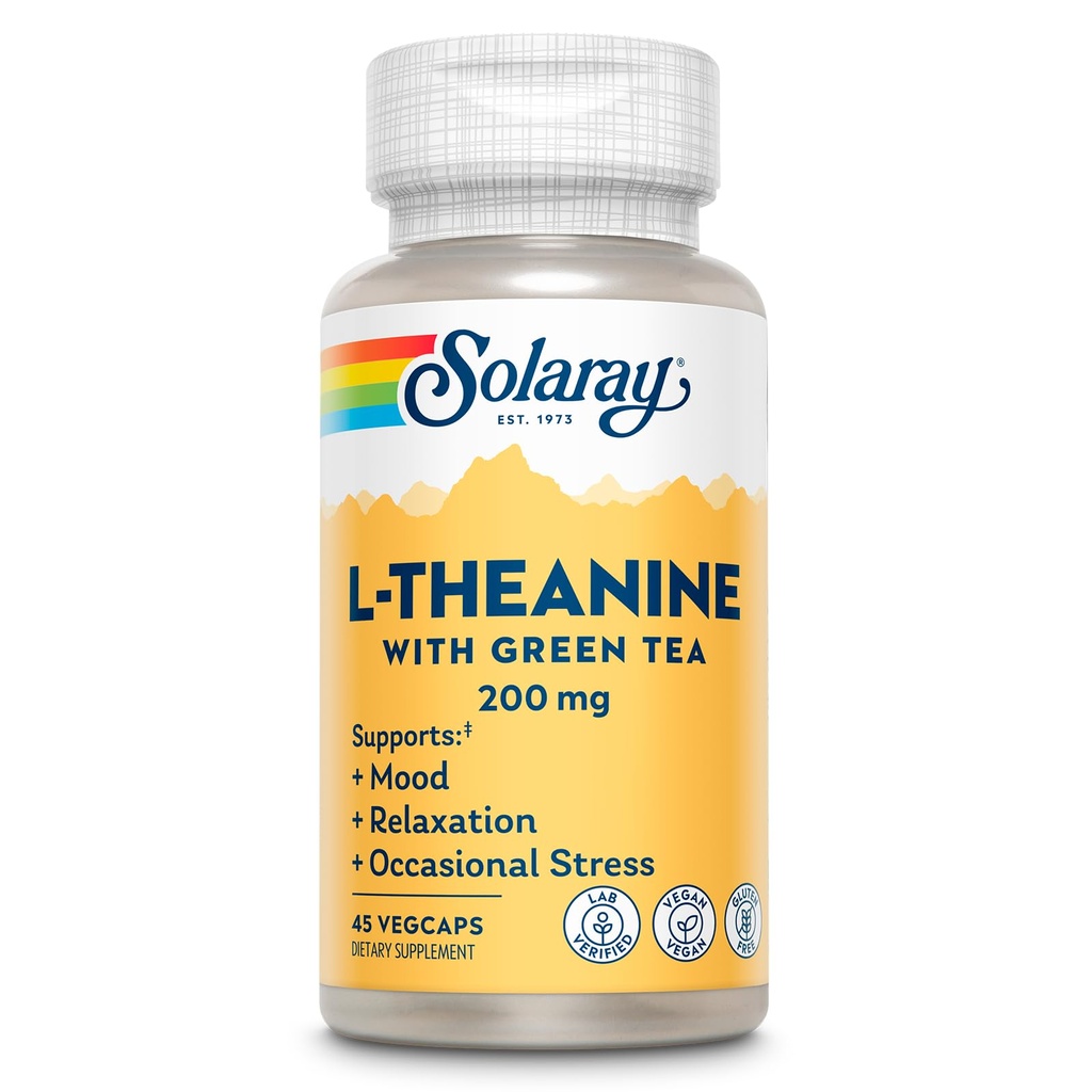 SOLARAY L-Theanine 200mg so zeleným čajom - zdravá nálada, relaxácia a príležitostná podpora stresu - Lab Overené, Vegan, Gluten Free - 45 Servings, 45 VegCaps