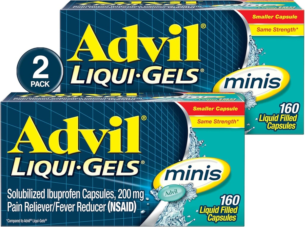 Advil Liqui-Gels mini Bolesť Reliever a horúčka Redukcia, Bolesť Medicína pre dospelých s Ibuprofen 200 mg pre úľavu od bolesti - 2x160 Tekuté naplnené kapsuly