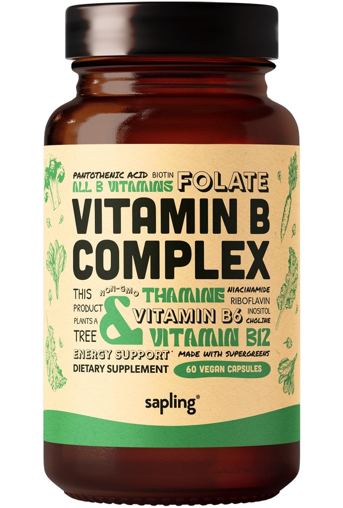sapling Vegánsky vitamín B komplex - celá potravinová zmes s esenciálnymi B vitamínmi B1, B2, B3, B5, B6, B7, folát, B12-60 Caps