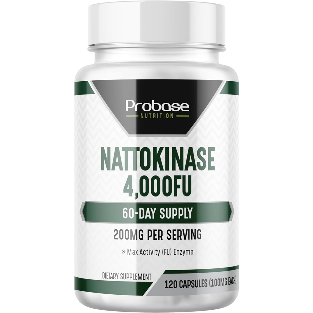 Probase Nutrition Nattokináza Supplement 4,000 FU Servings, 120 Kapsule (Derived from Japanese Natto) Systémové enzýmy pre Kardiovaskulárnu a cirkulačnú podporu
