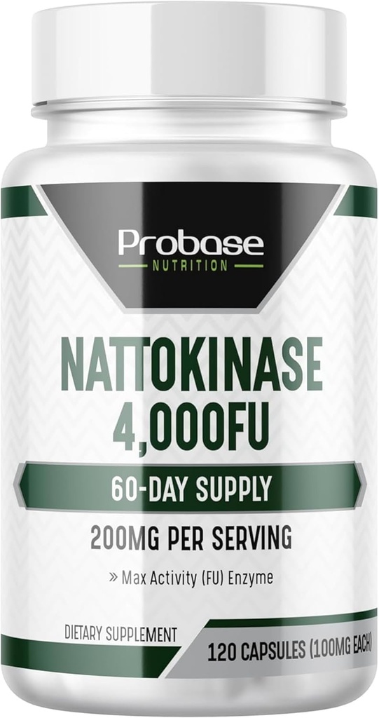 Probase Nutrition Nattokináza Supplement 4,000 FU Servings, 120 Kapsule (Derived from Japanese Natto) Systémové enzýmy pre Kardiovaskulárnu a cirkulačnú podporu