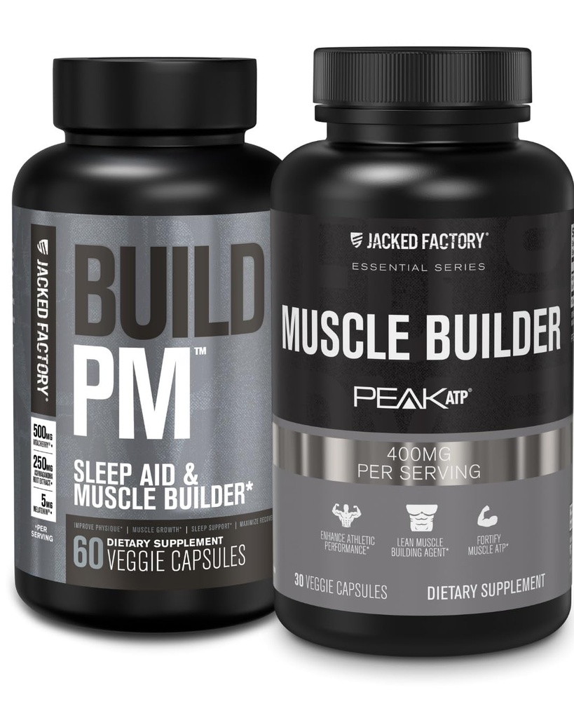 Jacked Factory Build PM Night Time Muscle Builder & Sleep Aid (60 kapsúl) & Essentials Muscle Builder - Denná sila Builder pre mužov s vrcholom ATP (30 kapsúl)