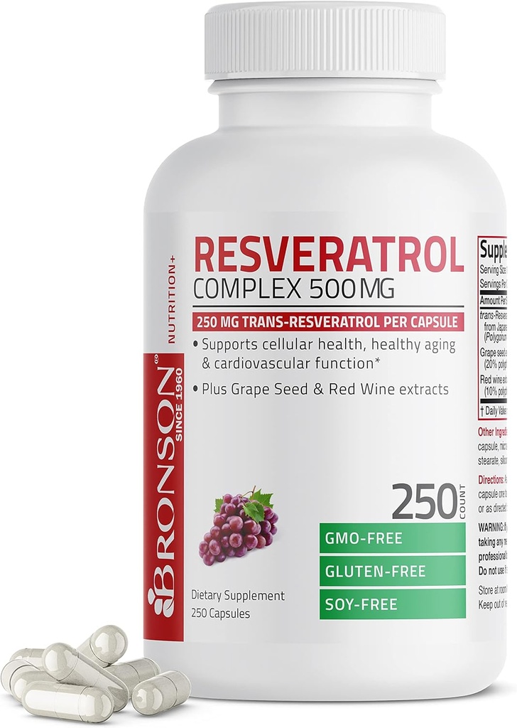 Bronson Resveratrol 500 Complex Štandardizovaný Trans-Resveratrol + Hroznový extrakt zo semien a červeného vína, 250 kapsúl