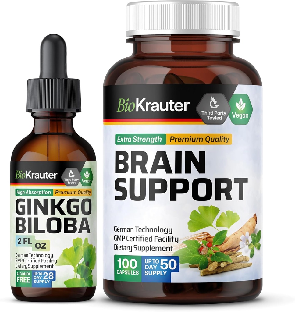BIO KRAUTER Ginkgo Biloba Tincture 2 Fl. Oz. & Podpora mozgu 100 kapsúl