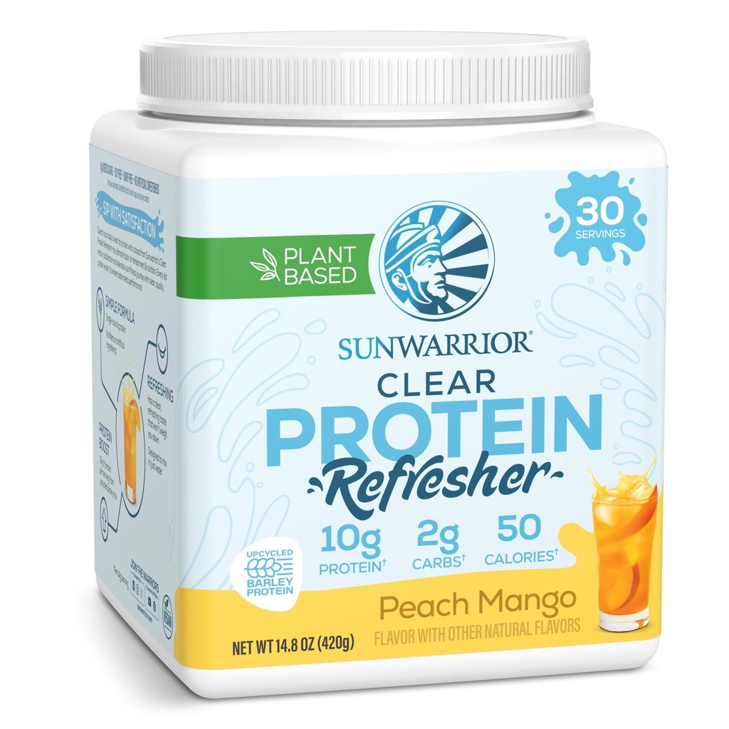 Sunwarrior Clear Protein Powder Plant-Based Water Mix, Vegan a osviežujúci proteín a hydratácia doplnok 10g Per Servírovanie Peach Mango Ochutené 420g Tub 30 Servisné