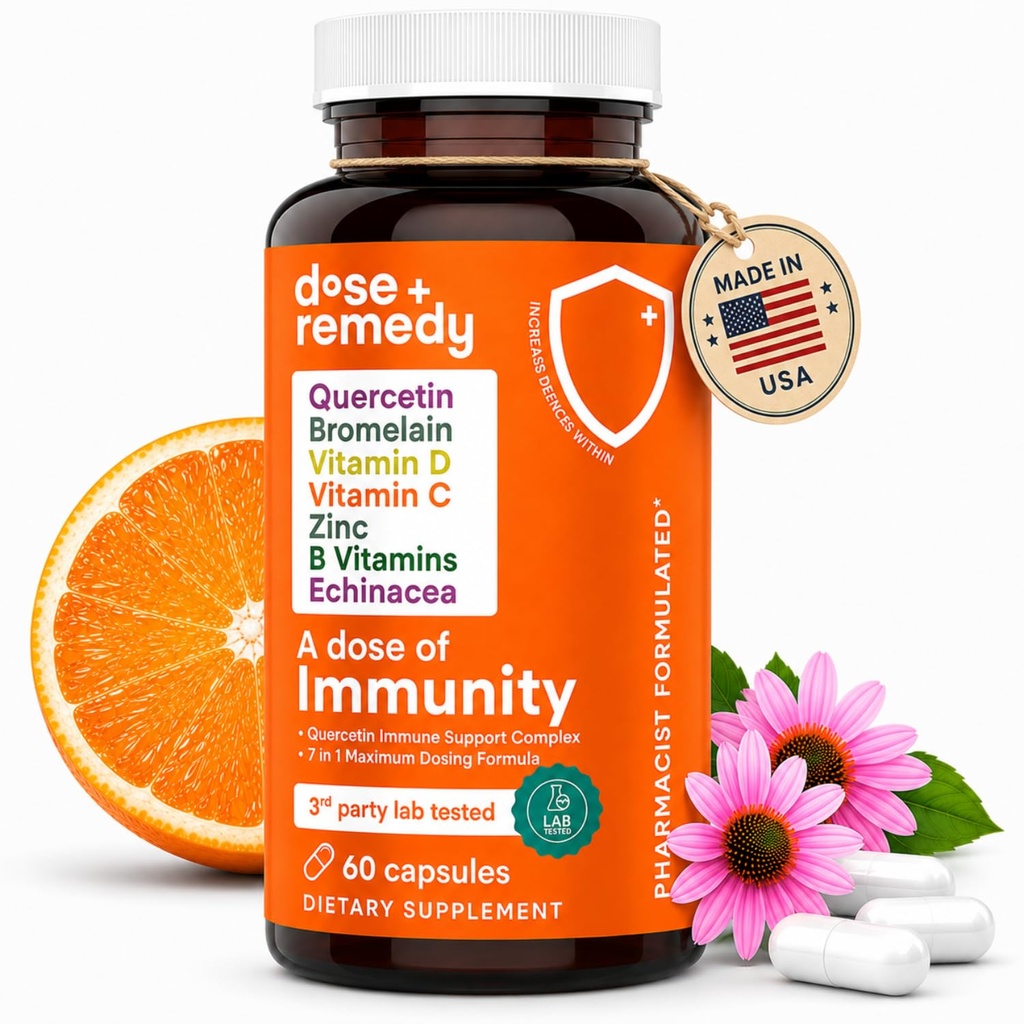 Dávka kvercetínu imunity s vitamínom C a zinkom, vitamínom D, 500 mg Quercetinu Hypromelain s vitamínmi Echinacea a B, doplnková imúnna podpora pľúc 7 v 1 posilňovač obrany imunity (60 počet)