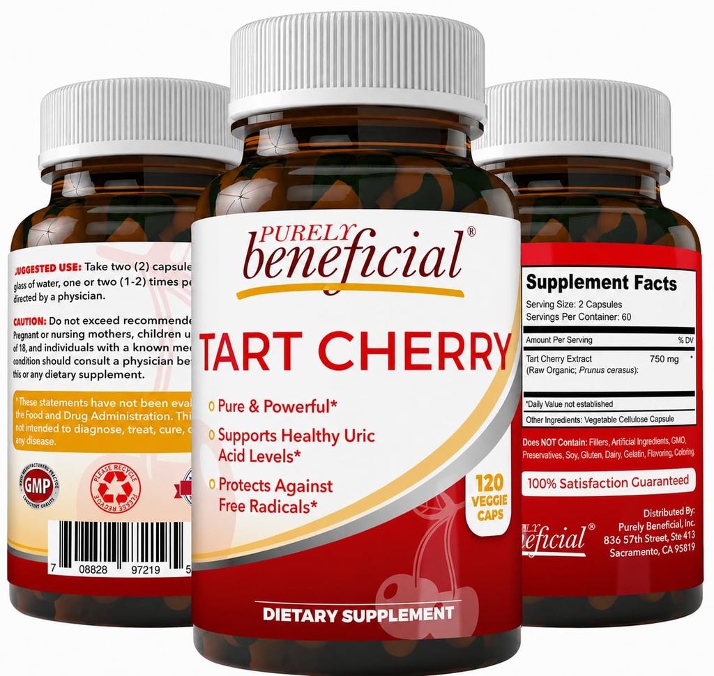 PURELY benefit Tart Cherry Kapsule 6000 mg, Extra sila Montmorency Tart Cherry Extract, Kyselina močová Flush pre Joint Comfort, Antioxidant & Immune Support, Non-GMO, Gluten Free, 120 Počet