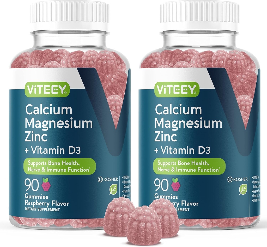 Viteey kalcium Magnézium Zinok Gumies s vitamínom D3 - Podporuje zdravie kostí, Nerve a imunitné funkcie - kalcium Magnézium Zinok D3 pre dospelých a dospievajúcich - bez GMO - Žuvacia malina Ochutená Gummy