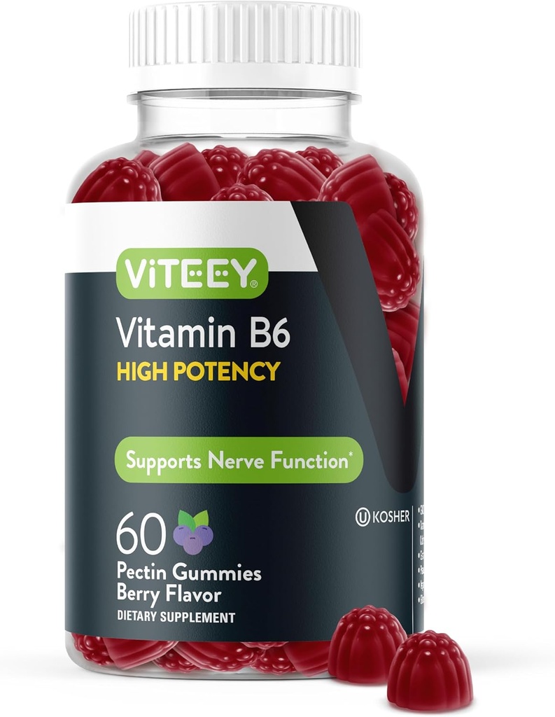 Viteey vitamín B6 Gummies - Energy, Nerve & Mood Support - B6 Vitamíny 100mg - Vegan, Gluten Free, GMO Free - 60 count