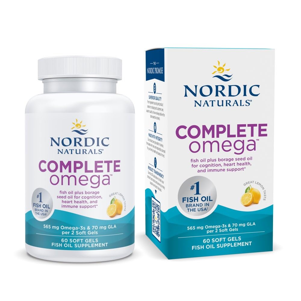 Nordic Naturals Complete Omega, Citrónová príchuť - 60 mäkkých gélov - 565 mg Omega-3 - EPA a DHA s pridanou GLA - zdravá koža, kognitívne, pozitívna nálada - non-GMO - 30 porcií