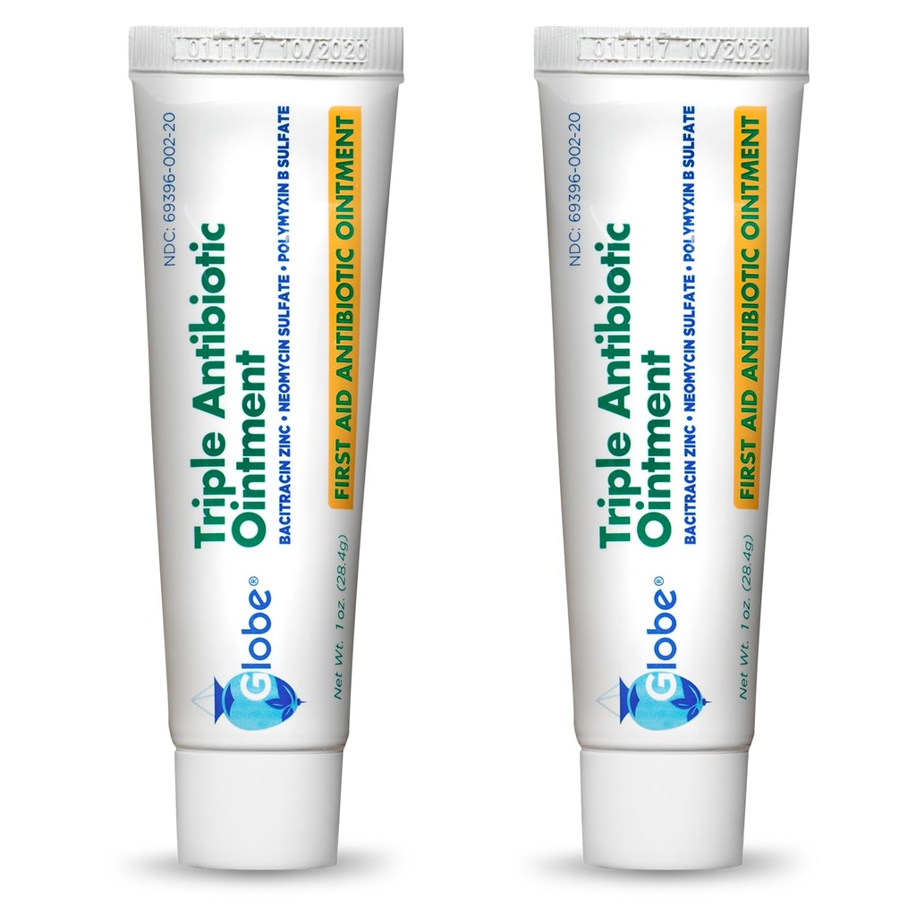 Globe Triple Antibiotic First Aid Ointment, 1 oz (2-Pack) Prvá pomoc Antibiotická Masť, 24-hodinová ochrana infekcie, Liečba rany starostlivosti o malé kocky, popáleniny a rezy