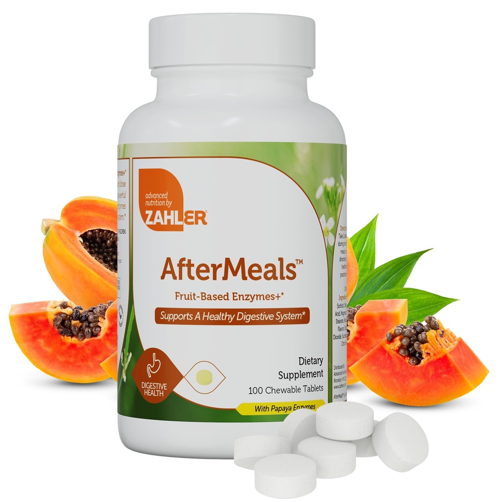 Zahler AfterMeals Digestive Enzymes for Digestion Health - Chewable Fruit-Based Digestive Enzymes for Women & Men with The Power of Papaya and Ananame - Košer Gluten Free Made in USA (100 tabliet)