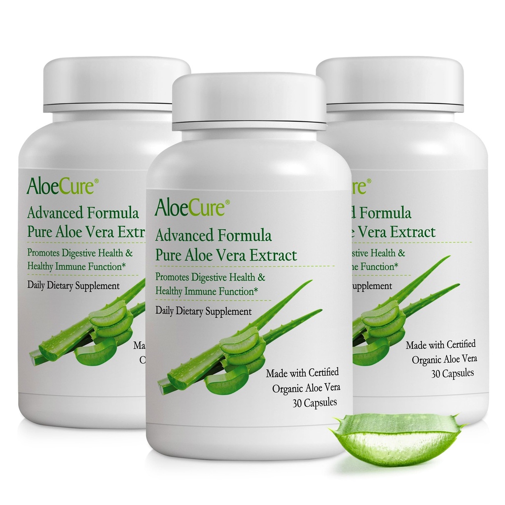 AloeCure Organic Aloe Vera Kapsule, 160 000mg Inner Aloe Leaf Equivalent per Serving, Support Gut, Digestive, & Immune Health, pomáha udržiavať vyváženú žalúdočnú aciditu, Aloin Free, 30Caps x 3Btl