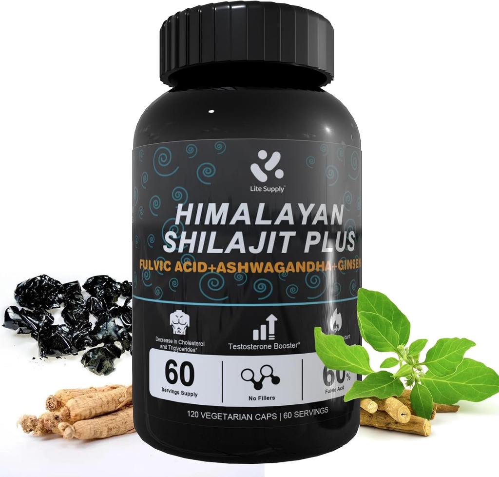 Shilajit Himalayan Supplement 60% Fulvic Acid, 120 Vegan Kapsule Supply with Pure Natural Shilajit, Ashwagandha, Ginseng Extract - High in Trace Minerals for Men Energy Support