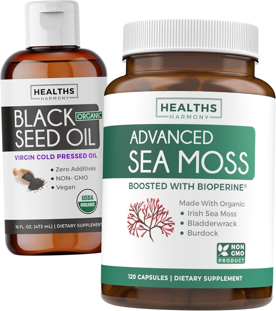 Čierny olej zo semien Tekutý a morský moss (2-Month Supply) Sea & Seed Fusion Bundle - Black Seed Oil Liquid (16fl.oz) Premium Cold-Pressed Clack Cumin Seed Oil & Organic Irish Sea Moss with BioPerine - Vegan