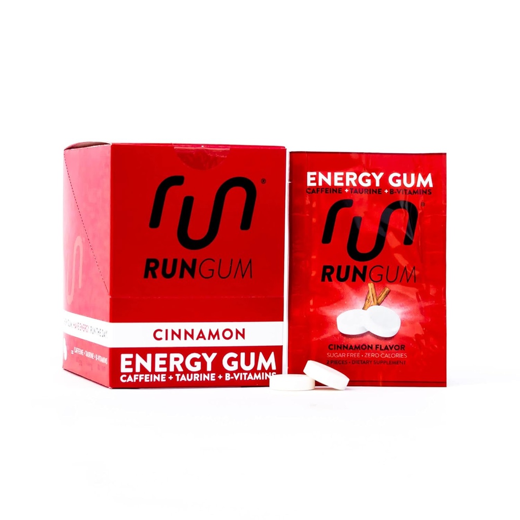 RUN GUM škorica energia Gum 50mg kofeín taurín & B-vitamíny na kuse, 24 kusov (Stock of 12), 2 kusy = 1 káva alebo energetický nápoj, bez cukru, Zero kalórií