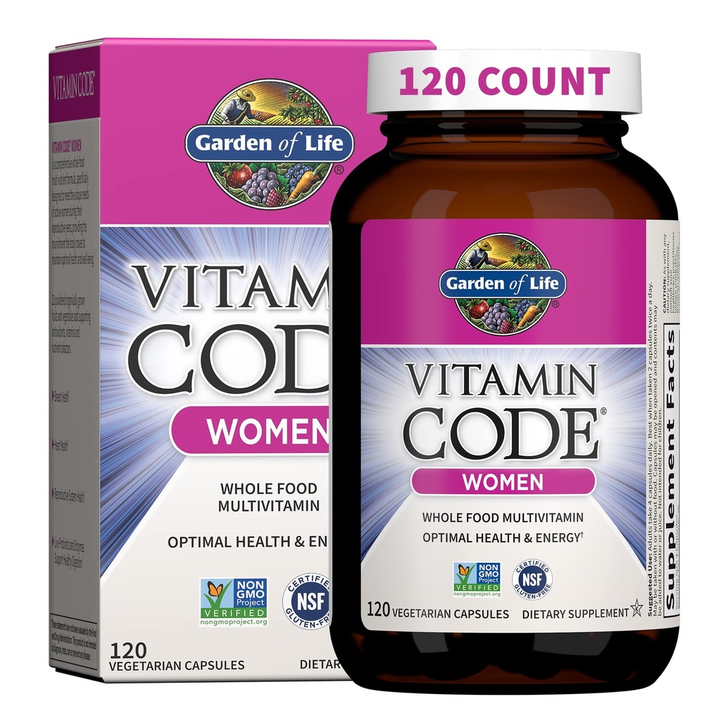 Záhrada života Multivitamín pre ženy, vitamínový kód Dámske multi - celé jedlo Ženy Multi Vitamíny, Železo, Folát nie kyseliny listovej, Vitamín A a probiotiká pre ženy energie, 120 Vegetariánske kapsule