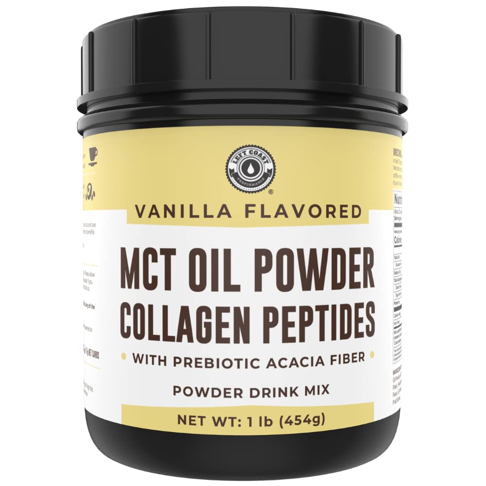 Keto MCT Oil Powder + Kolagén + Prebiotické Akácia Fiber, Vanilla Flavor, 16oz. MCT Oil Powder from Coconuts. Grass Fed Collagen, ideálny pre Keto, 0 Net Carb, Stevia, Erytritol, práškový nápoj