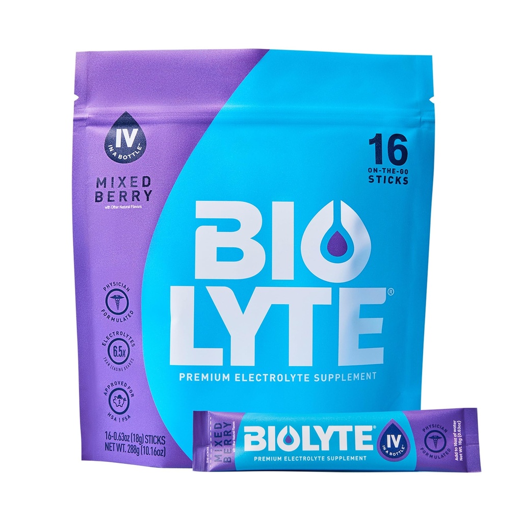 BIOLYTE IV Powder Pakets Electrolyte, IV Liquid Drink Mix for Water, Dr-Developed Hydration, HSA Schválená Dehydratácia Relief, Chemoterapia musí mať pre ženy a mužov - Mixed Berry (16 Sticks)