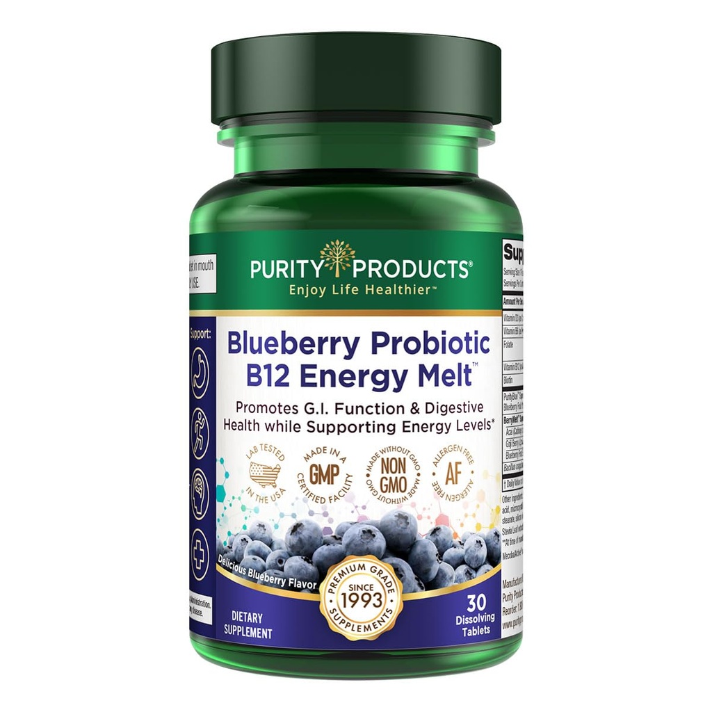 Čistota Produkty Blueberry Probiotic B12 Energy Melt Klinické probiotiká - organické čučoriedky, metylkobalamín B-12-30 Melty
