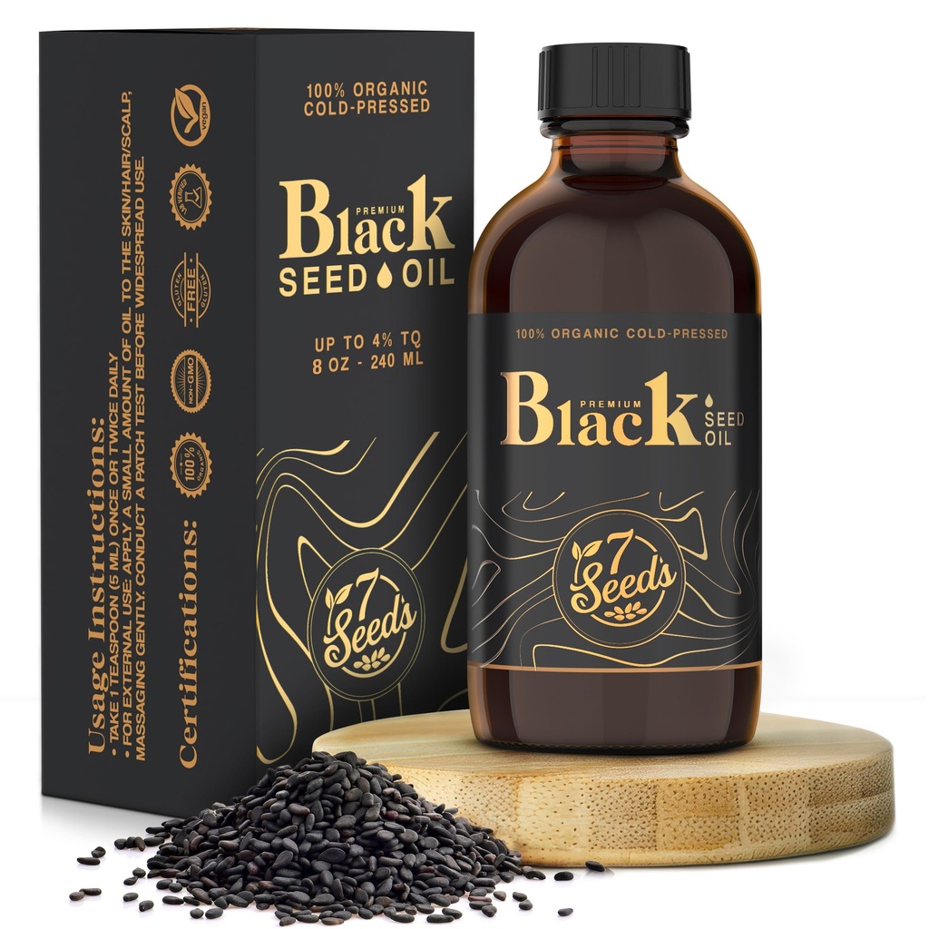 7 semien za studena lisované čierne semeno olej - 240 ml studené lisované Nigella Sativa Tekutina pre imunitnú podporu, podporu zápalu, zažívanie, vlasy a koža (8 Fl Oz)