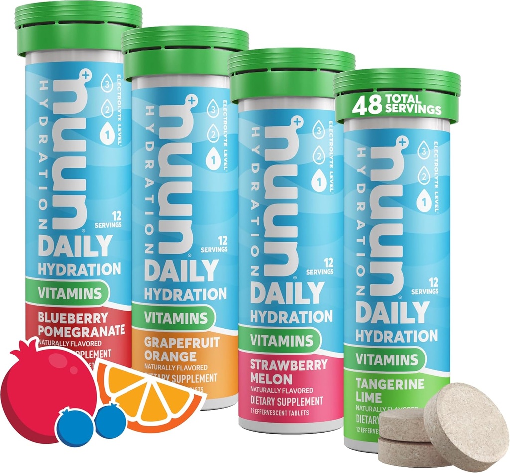 Nuun vitamíny Electrolyte tablety s vitamínom D, C, E, A, & B6, kyselina listová, horčík & 4 Ostatné základné elektrolyty, bezlepok a vegán, zmiešané ovocie, 4 balenia (48 servings celkom)
