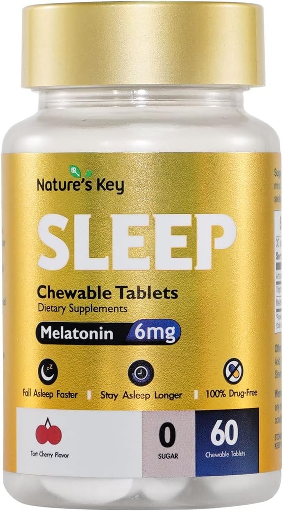 Nature's Key Melatonin 6mg Chewable Tablets, Sugar Free | Promotes Restful Sleep & Sleep Faster | Non-Habit Forming, with 6mg Vitamin B6 | 60 Tablets (Yummy Tart Cherry Flavor)