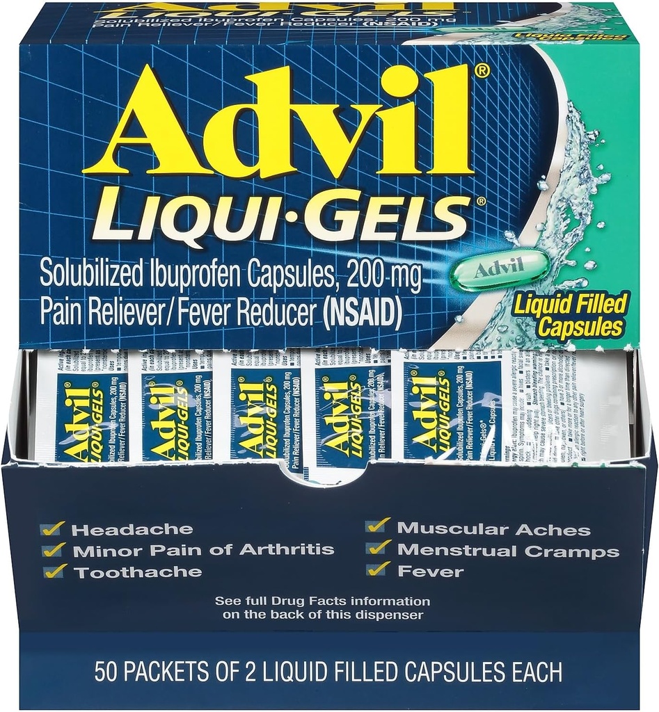 Advil Liqui-Gels Pain Reliever/Fever Reducer, Solubilised Ibuprofen 200mg, 2/Packet, 50 Pakets/Box (016902)