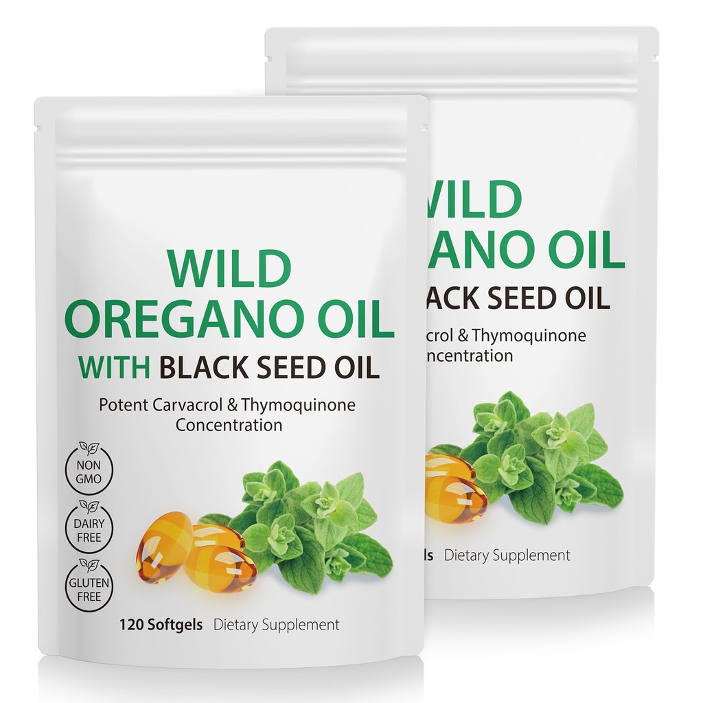 2 balenie Oregano Softgels, Oregano Oil Kapsule, 165 mg Carvatrol, 2 v 1 Formulovaný olej Oregano s čiernym semenom olej 200mg, Oregano Oil Supplement Kapsule