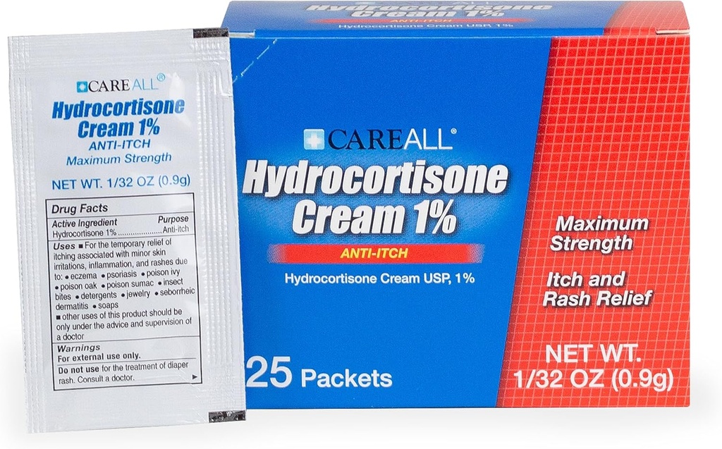 CareAll Hydrokortizón Cream 1% (25 balení), 0,9gr Foil Paket. Maximálna sila Formulácia, Anti-svrbenie vyrážka Kožný krém uľavuje svrbenie, ekzém, Insect Bites, Poison Ivy, a psoriáza