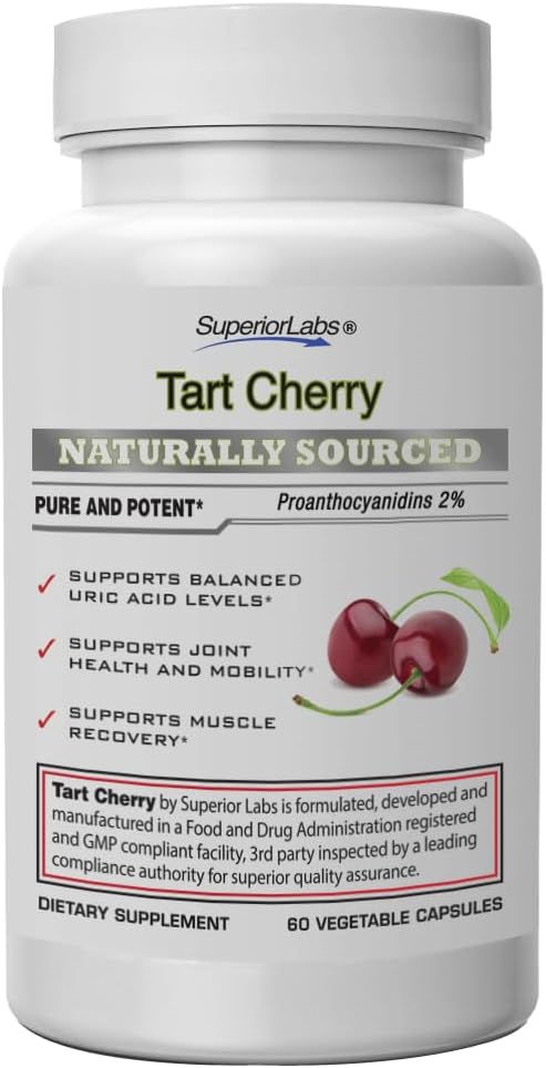 SuperiorLabs Tart Cherry 1000 mg Extract, 2% Proantokyanidíny, Podporuje vyváženú hladinu kyseliny močovej, zelerové Seed & Black Pepper Extrakty pre maximálnu absorpciu, 60 Veg Caps
