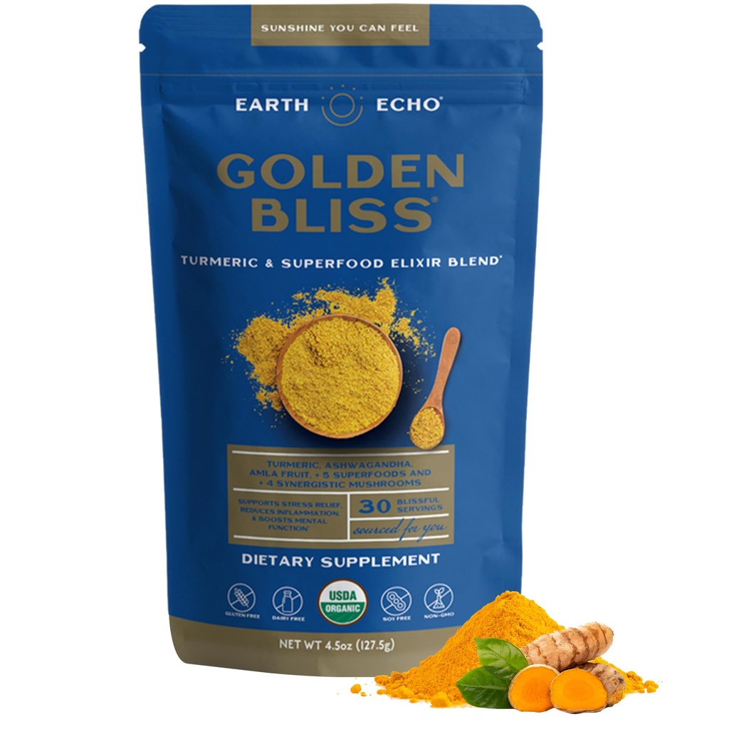 Earth Echo Golden Bliss, Organic Turmeric Superfood Elixir Blend s Ashwagandha Root, MCT olej a 4 Huba Blend pre odpočinkový spánok, Imunitná podpora a znižuje Craving, Dairy-free, 30 Servisov