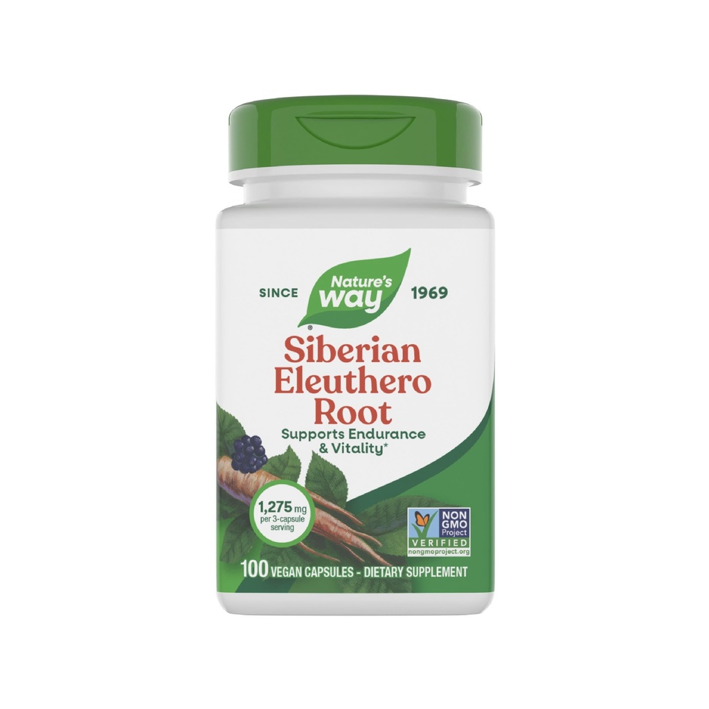 Nature's Way Premium Herbal Sibírsky Eleuthero Root Supplement, Supports Endurance & Vitality*, Adaptogen*, 1,275mg per 3-Capsule Serving, Non-GMO Project Overené, 100 Kapsule (Packaging May Vary)