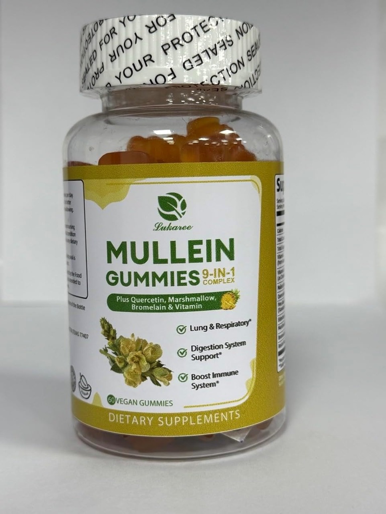 Lukaree 9 in 1 Mullein Gummies, Mullein Leaf Extract w/Quercetin, Bromelain, Elderberry & Marshmallow for Immune, Vegan, 60 Count