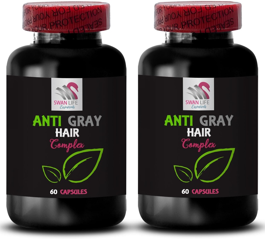 Anti šedivé vlasy vitamíny - ANTI GRAY HAIR COMPLEX - Gray vlasy zvrat, Transformácia vlasov, Šedé vlasy podpora, Farba vitality booster, Mladá žiara, Odtieň vlasov korekcia 2 Fľaše 120 Kapsule