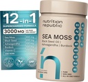 Sea Moss Supplement, Sea Moss Capsules s olejom z čiernych semien, Ashwagandha a Burdock Root, Multimineral Supplement with Vitamin C, 60 Veggie Capsules