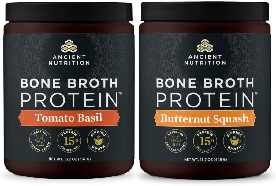 Staroveká výživa Bone Brot Protein prášok, Paradajková bazalka, 15 Servivs + Bone Brot Protein prášok, Butternut Squash, 15 Servivné