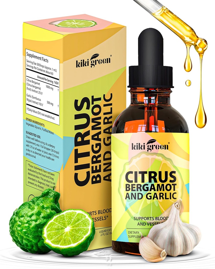 KIKI Green Liquid Citrus Bergamot & Cesnak Extract - Citrus Bergamot Supplement for Heart Health, Immune System Support and Healthy Aging Non-GMO, Gluten-Free Supplement 2 Fl Oz.