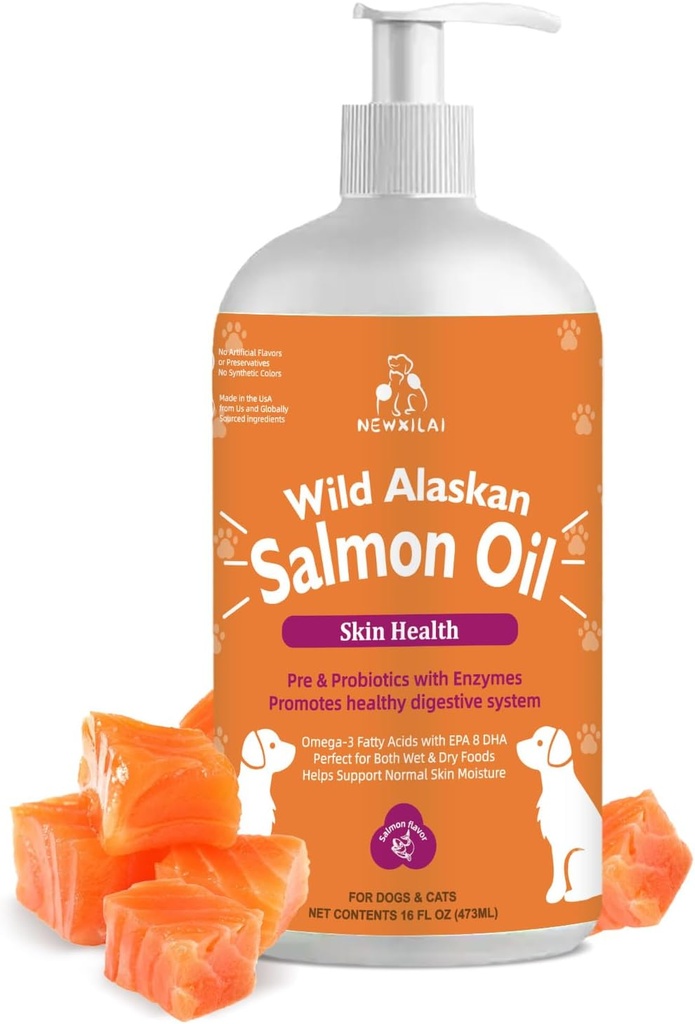 Wild Aljašský lososový olej pre psy a mačky, Omega-3 rybí olej doplnok s EPA a DHA, podpora zdravia pokožky, lesklý plášť, silné spoločné a alergie Relief - Pumpa fľaša 16oz