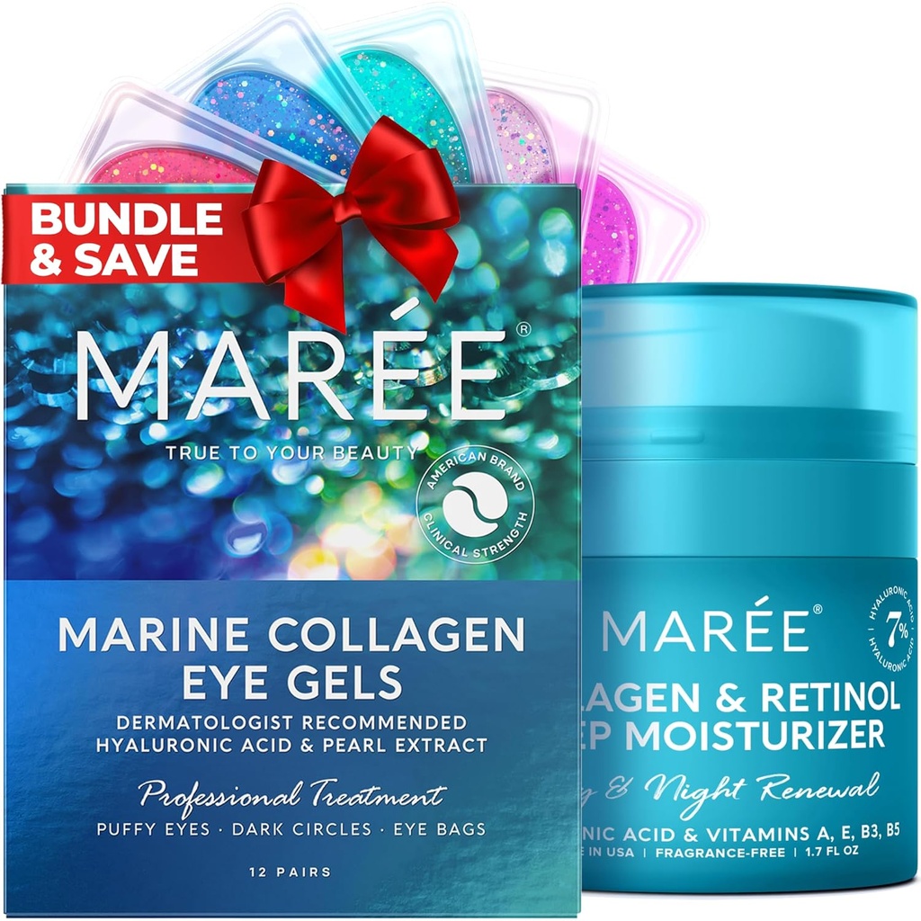 MAREE Eye Gels & Collagen Hydratačný krém na tvár Bundle - Pod očné gély pre opuchnuté oči a tmavé kruhy, Anti Aging Face Cream s hydratačným účinkom - Marine Collagen & Hyaluronic Acid, Retinol