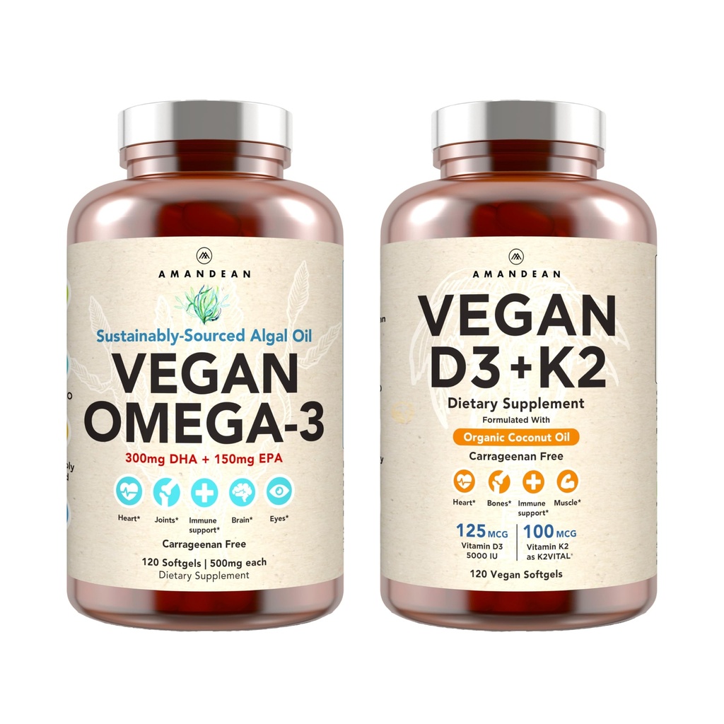 Vegan Powerhouse Combo. Omega-3 z Algal Oil & Vitamin D3 + K2. Rastlinné-založené 5000 iu VIT D z Algae. 100 mcg All-Trans MK-7 Vita K. Carragenan Free Veggie Softgels.