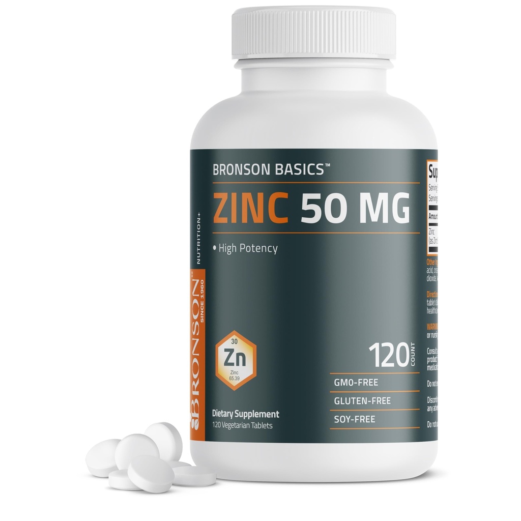Bronson Zinok 50 MG High Potency Supports Skin Health - Non- GMO, 120 Vegetariánske tablety