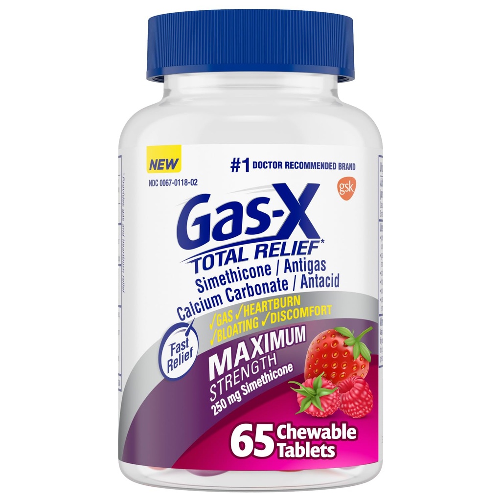 Gas-X Celková úľava Žuvacie tablety s maximálnou silou Relief plynu Simetikon 250 mg a Pálenie záhy Relief uhličitan vápenatý 750 mg, Bloating Relief, Mixed Berries - 65 Počet