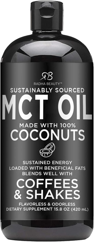 Radha Beauty Premium MCT Oil Vyrobené len z Non-GMO Kokosových - 15.8oz. Keto, Paleo, Gluten Free a Vegan Schválené.
