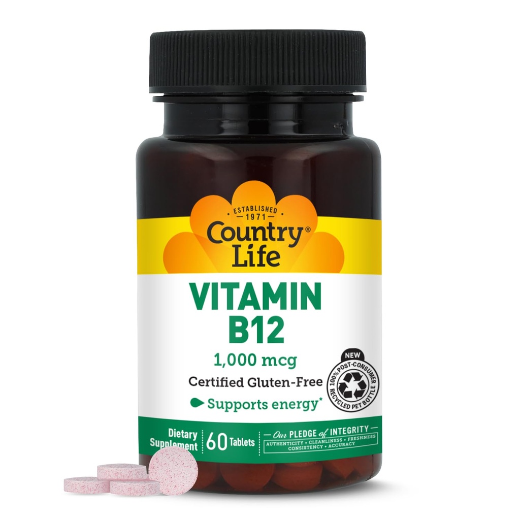 Country Life Vitamín B12 Supplement - Essential for Brain Function, Nerve Health, Red Blood Cells - Ideálne pre prevenciu anémie - Vegánsky vitamín B, 1000 μg - bez lepku, 60 tabliet