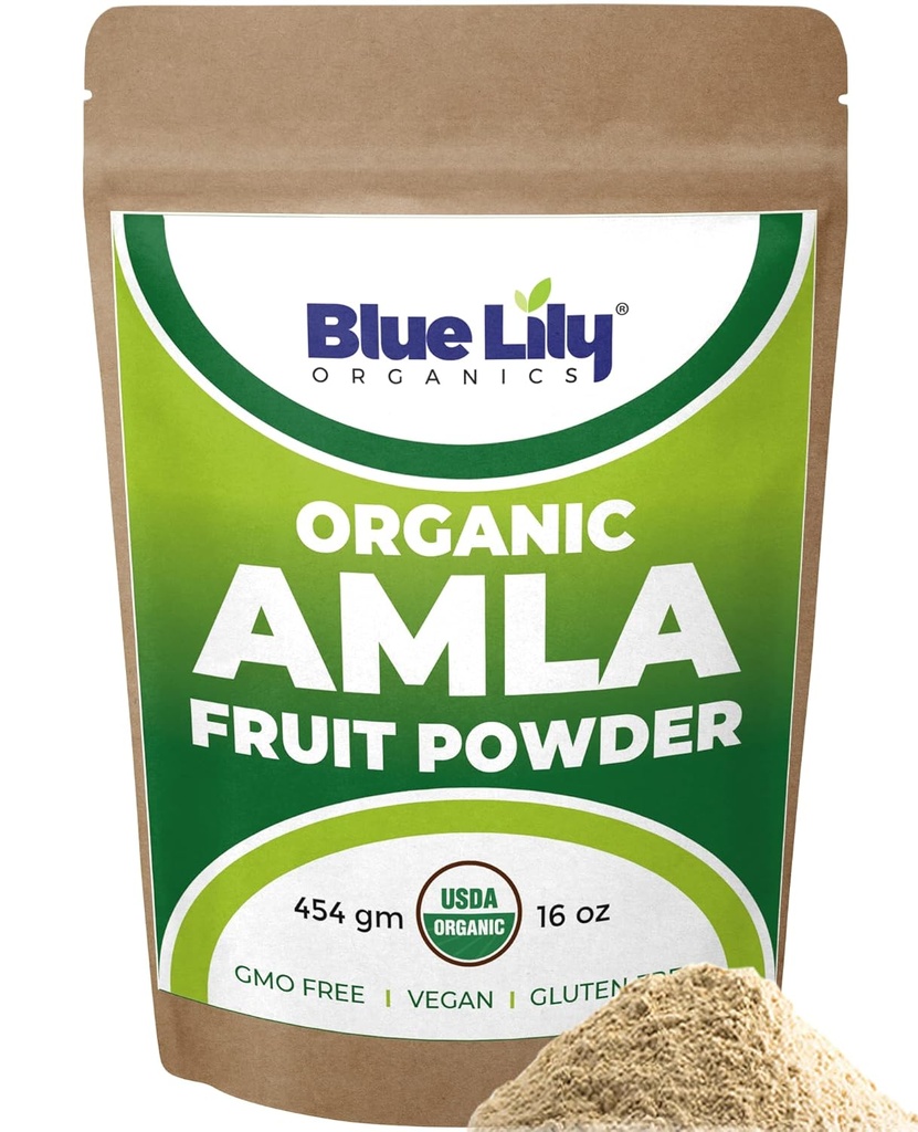Blue Lily USDA Organic Amla Powder (Amalaki/Indian Gooseberry) 16oz (1lb) Odolný Kraft Bag, 100% Pure Amla Berry Powder, Bohatý na antioxidant vitamín C, podporuje zdravý imunitný systém