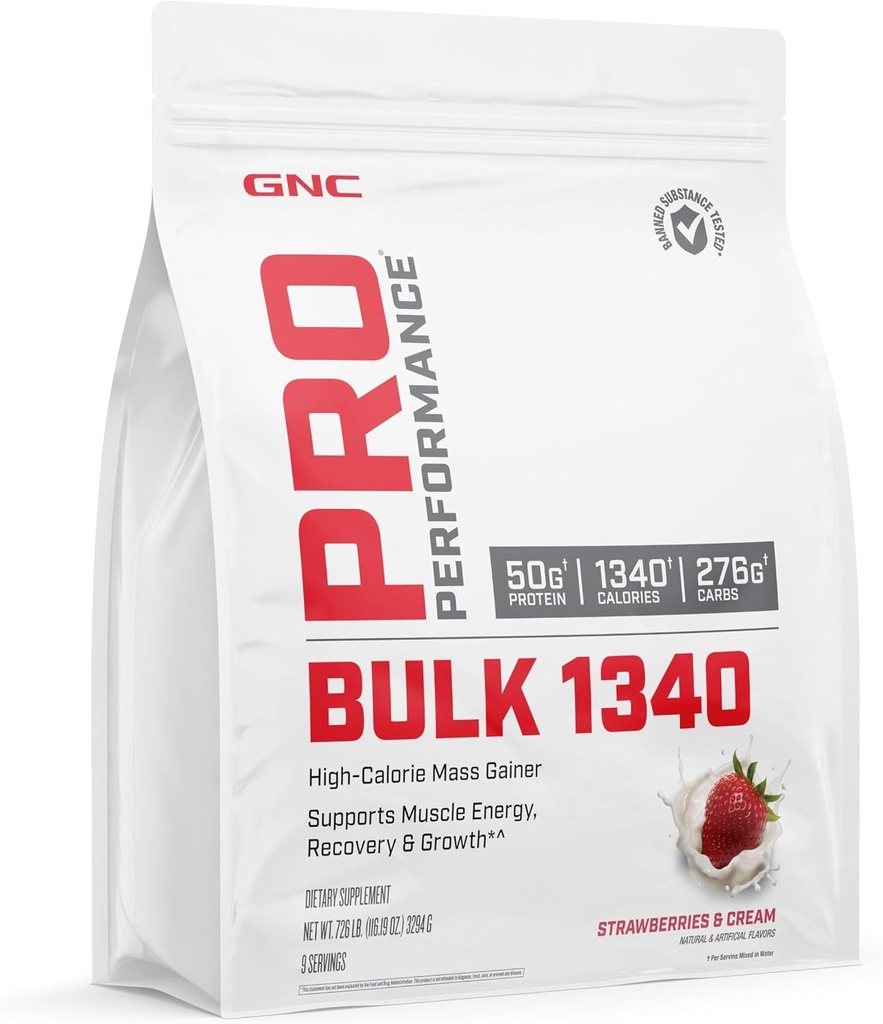 GNC Pro Performance hromadne 1340 Mass Gainer Protein Powder, 50g, Gluten Free, Srvátka, Kreatín, BCAA, 3. strana testované, svalovej obnovy a rastu, Mikronutrienty, Jahody a krém, 9 Servisov