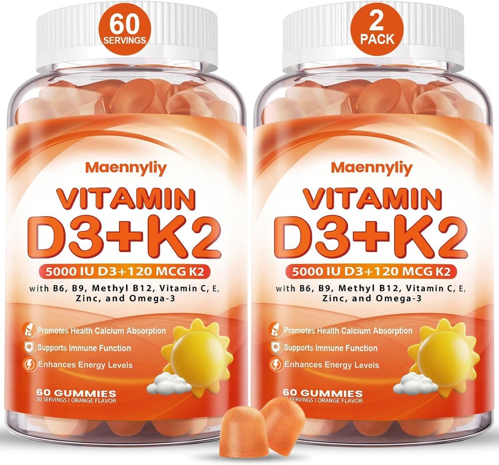 Vitamín D3 K2 Gummy pre dospelých - vitamín D3 5000IU + K2 (MK-7) 120mcg - bezcukrové doplnky D3 a K2 s Omega-3, metyl B12, B9, B6, vitamíny E a zinok - na absorpciu vápnika a imunitné zdravie